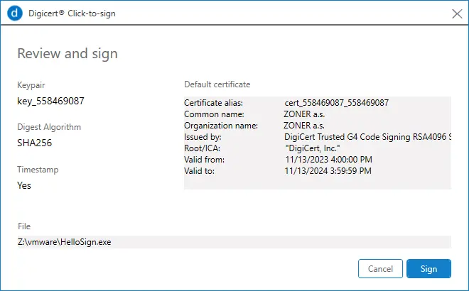 Review before signing in DigiCert Click-to-sign