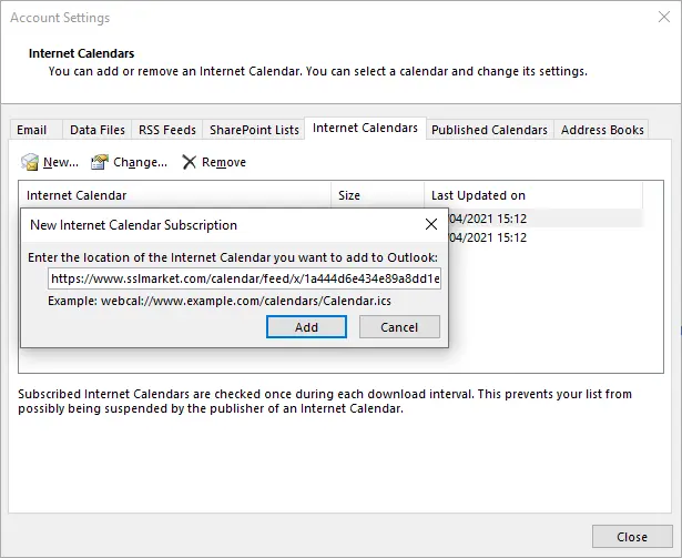 Add a calendar subscription in Outlook