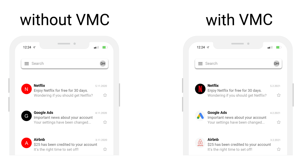 The VMC shows the sender's logo to the email recipient.