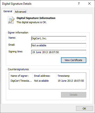 Detail of the certificate DigiCert Code Signing EV