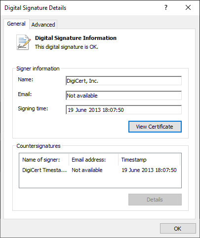 Detail of the certificate DigiCert Code Signing Detail of the certificate DigiCert Code Signing