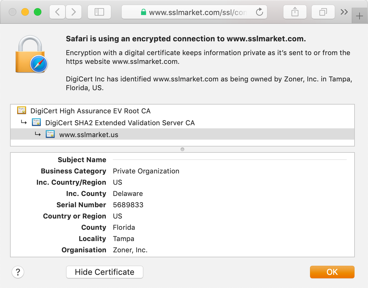 View the DigiCert Extended Validation certificate in the browser's address bar