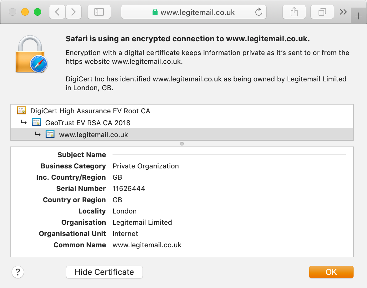 View the GeoTrust True BusinessID EV certificate in the browser's address bar