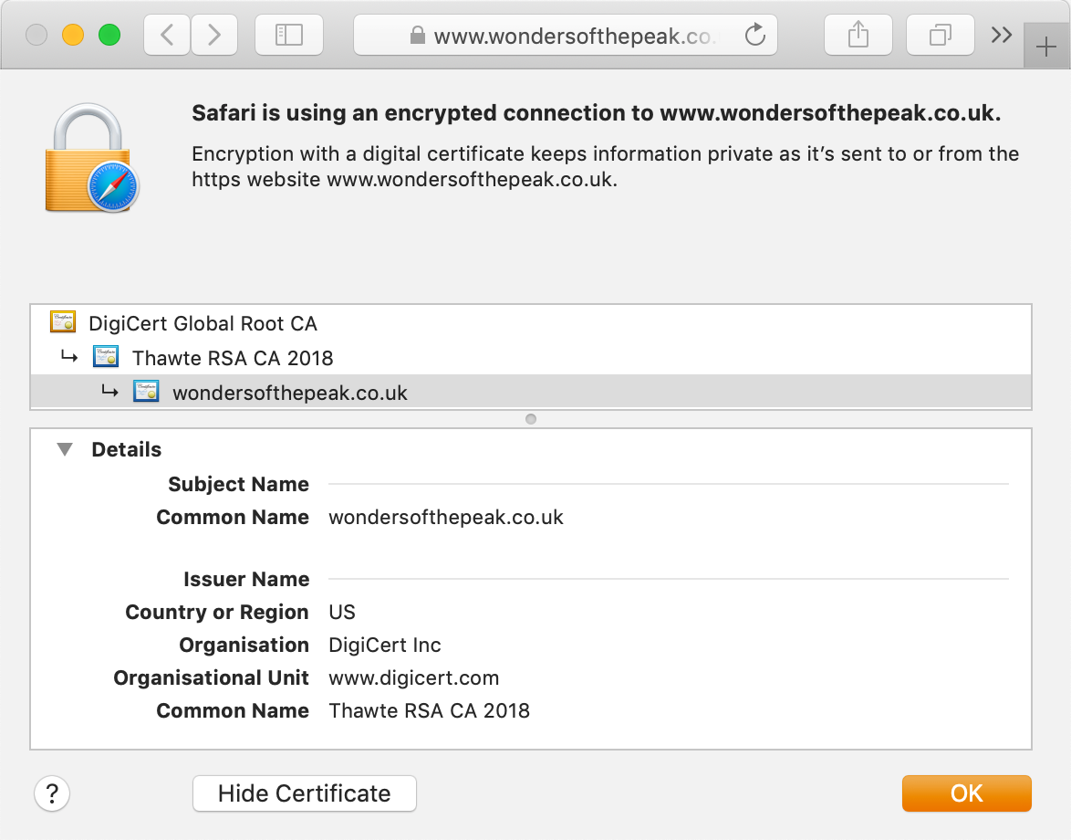 Look of the Thawte Web Server Wildcard certificate in your browser's address bar