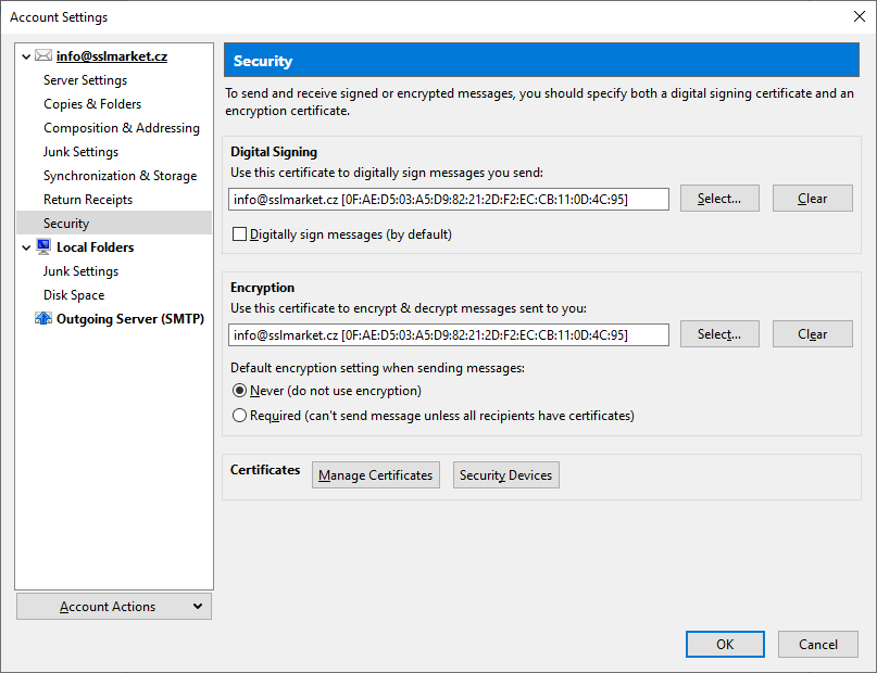 Certificate settings in Thunderbirdu