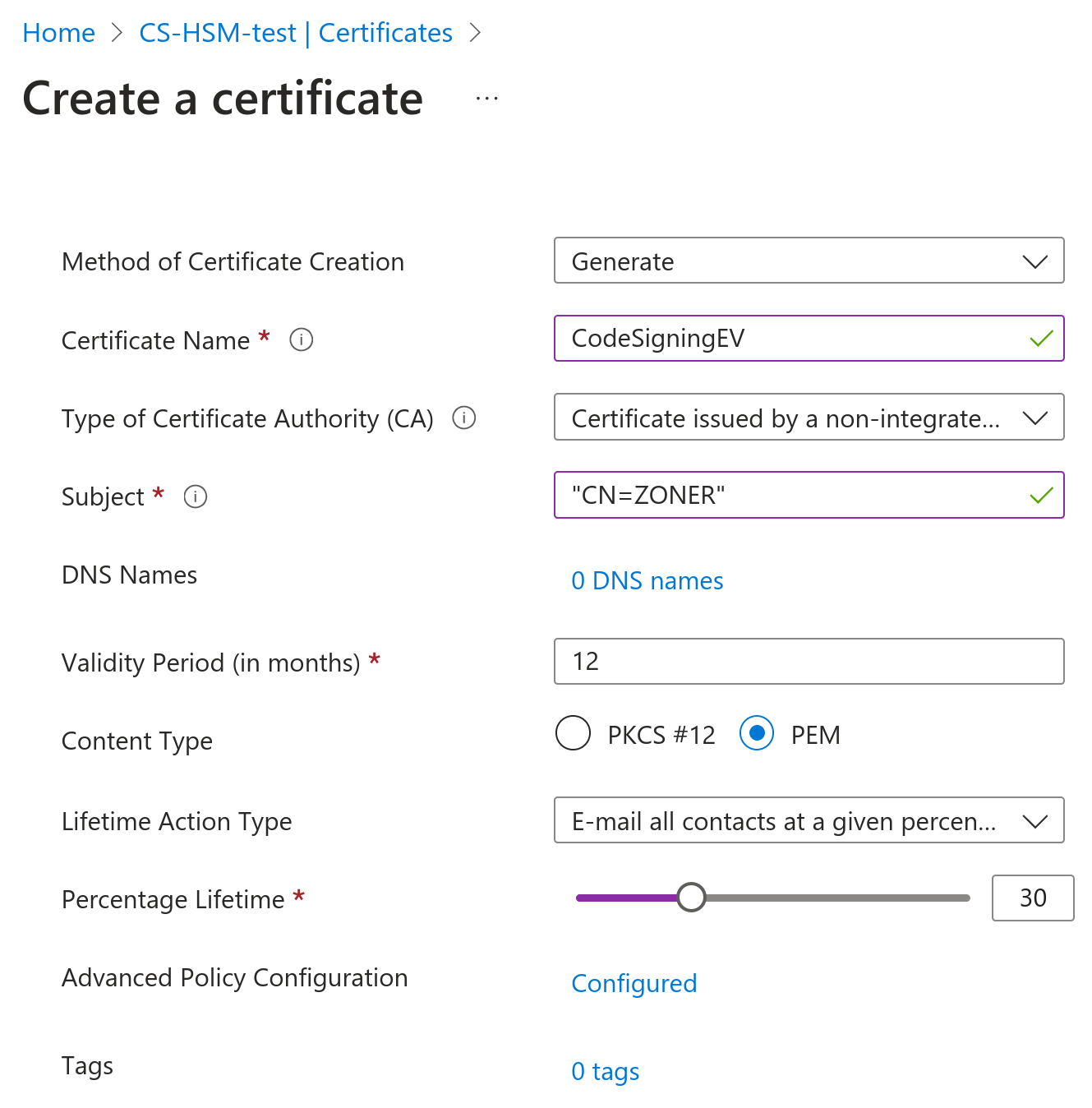 Creating a CSR in Azure