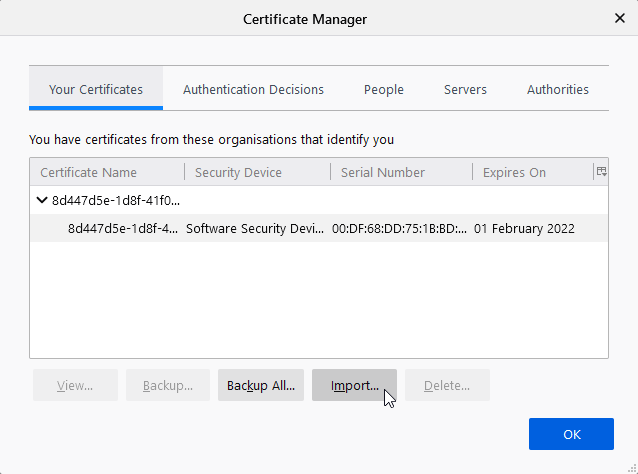 Certificate import to Firefox