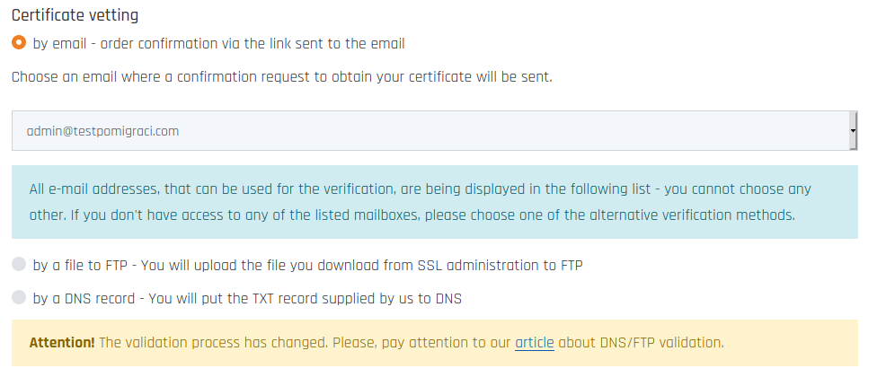 Alternative DV certificate verification in the order Alternative DV certificate verification