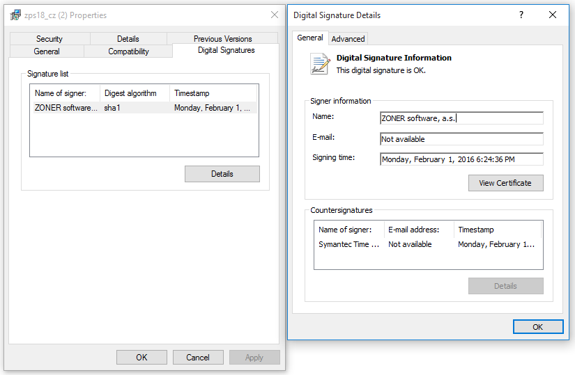 Application signature detail in Windows explorer